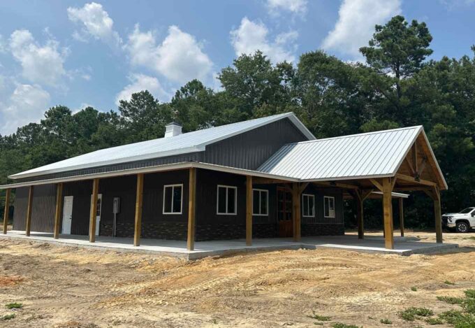 Outside a barndominium, a steel-frame building, constructed using barndo kit.