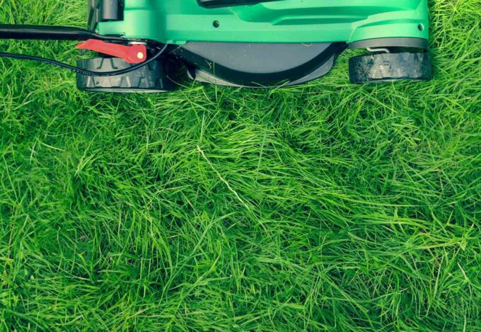 Lawn mower cutting grass following a homeowners annual lawn care schedule.